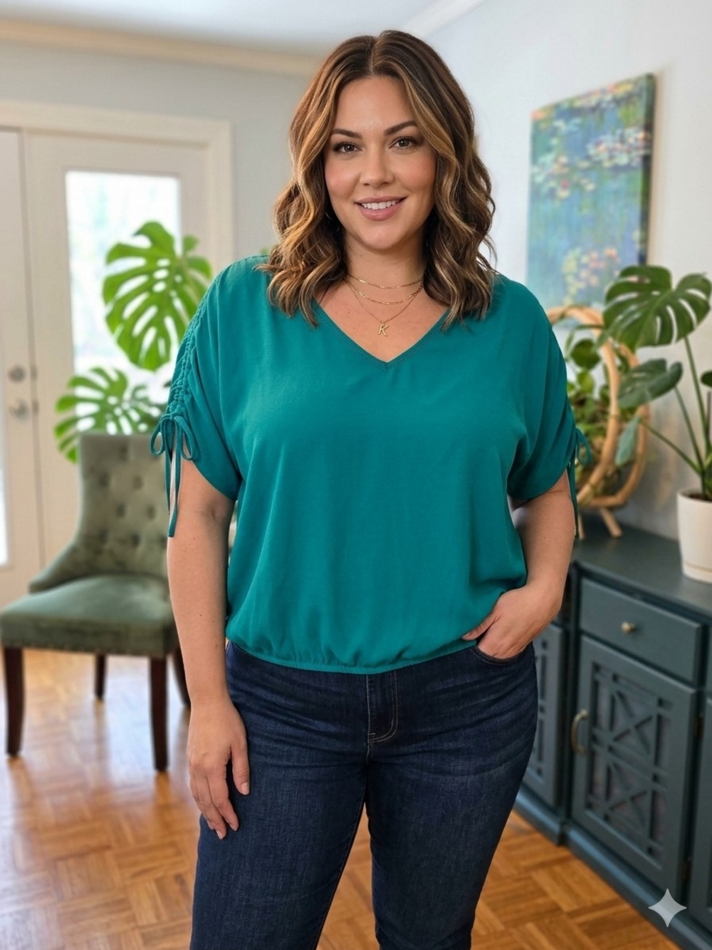 torrid Teal V-Neck Ruched Tie Sleeve Top